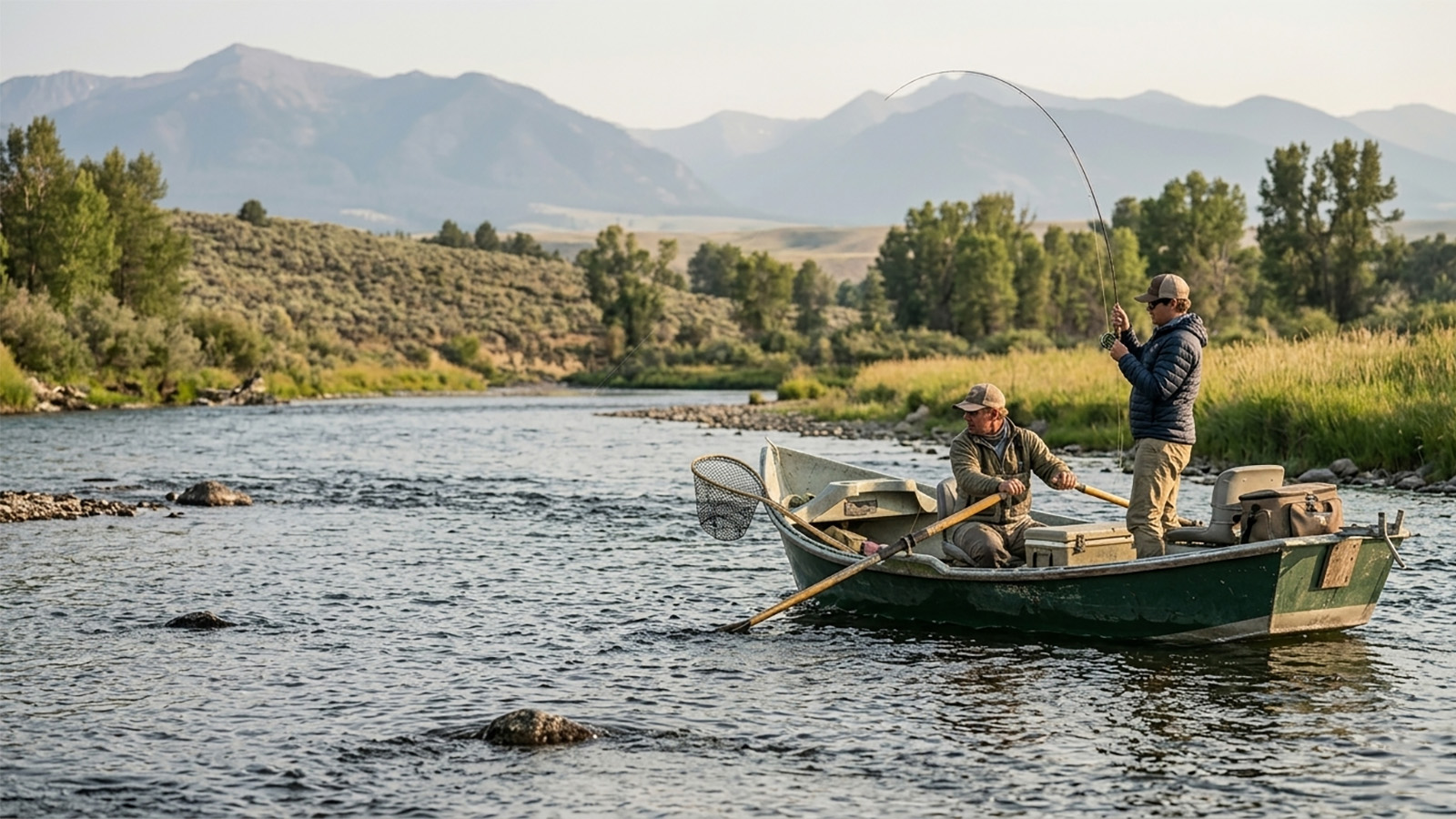 Fly fishing guide and angler on a river