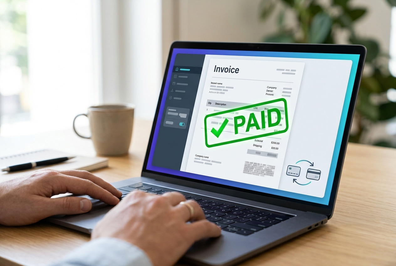 A clean visual of an invoice marked paid or a bank-transfer concept; professional and B2B