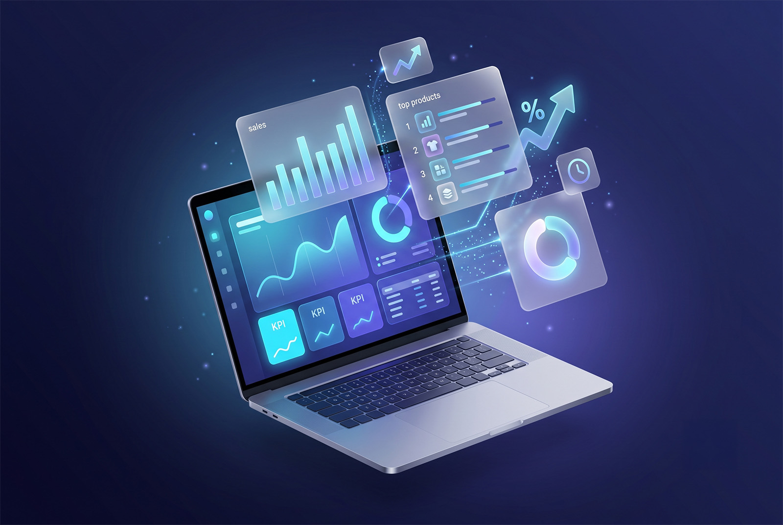A clean analytics dashboard with sales trends and top products on a laptop or tablet; insightful and modern