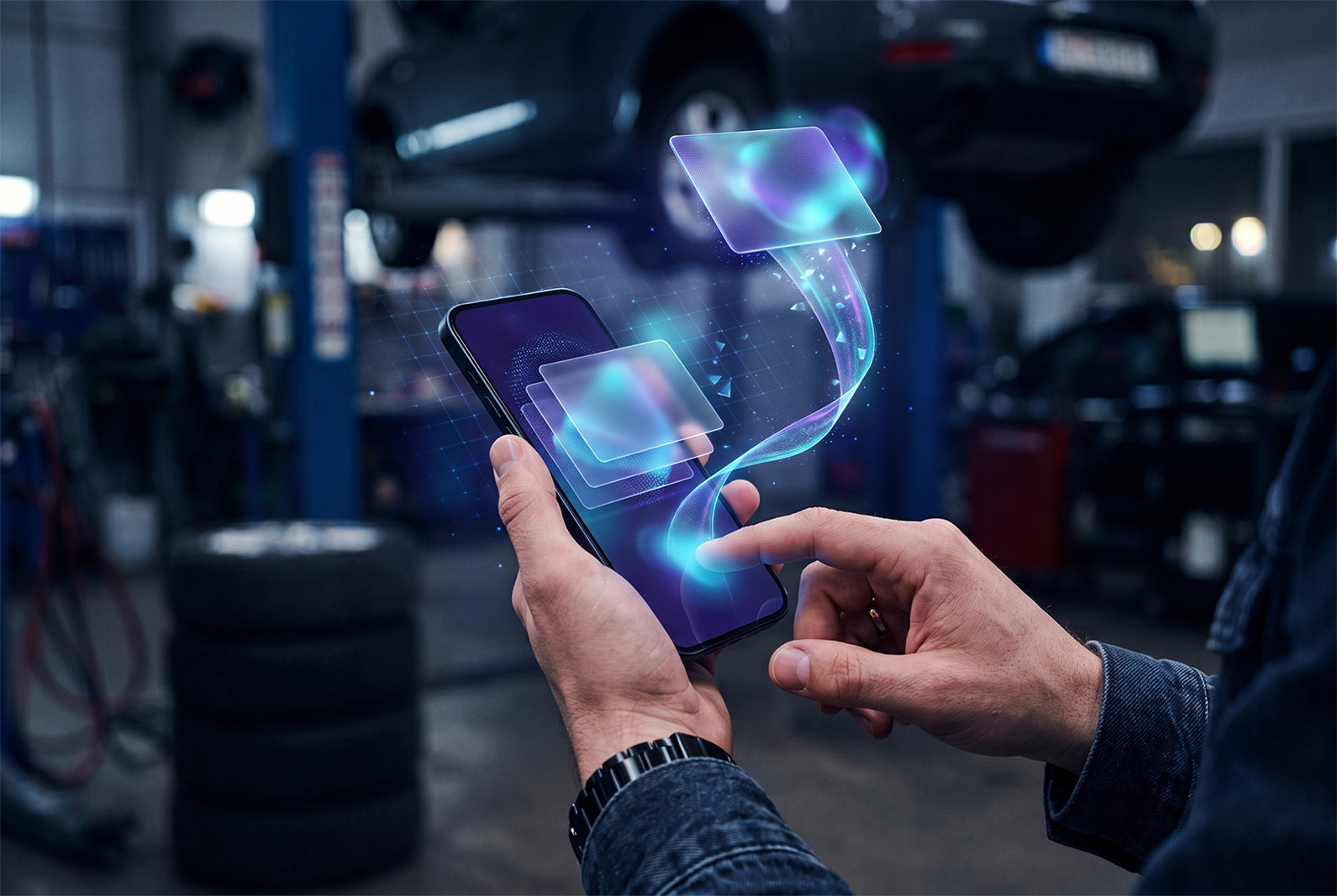 Customer paying a repair invoice from a phone via a payment link; car and shop softly blurred behind