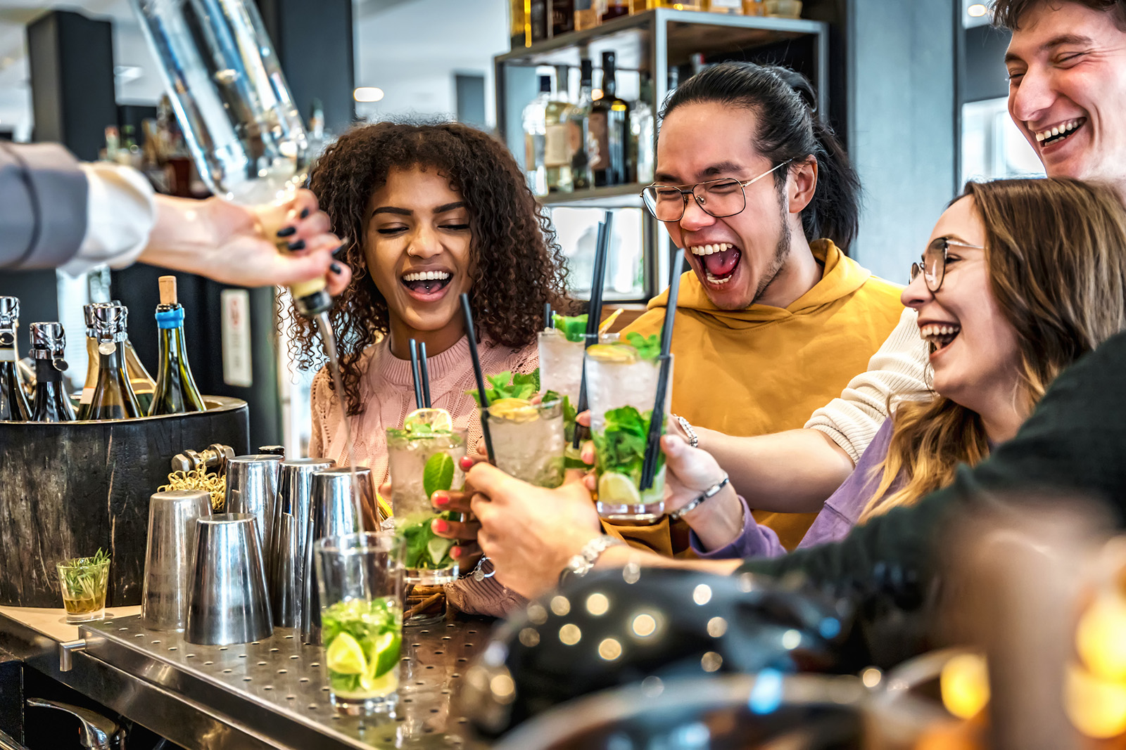 High-energy, crowded bar or taproom