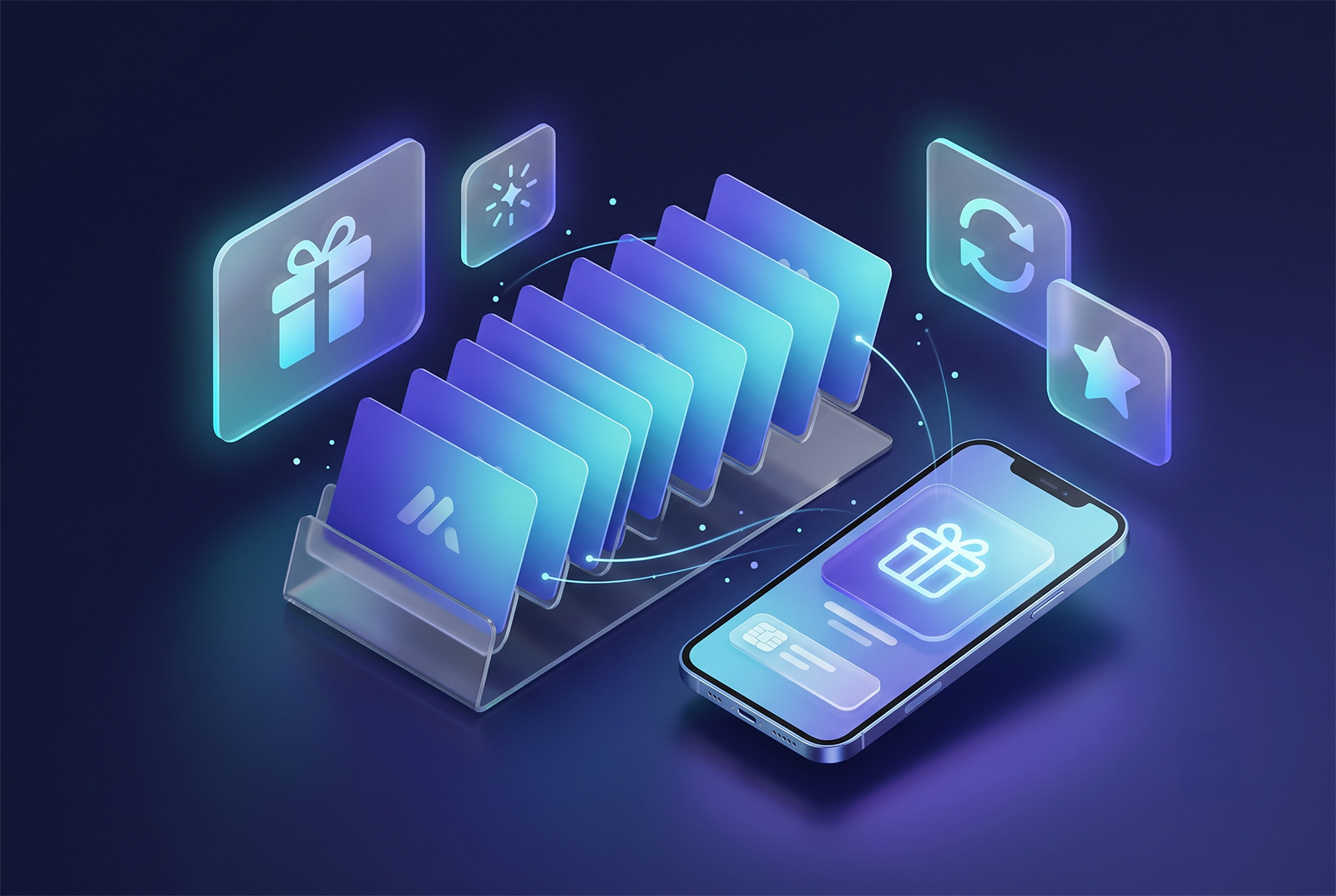 A rack of branded gift cards or a phone showing a digital gift; inviting and on-brand
