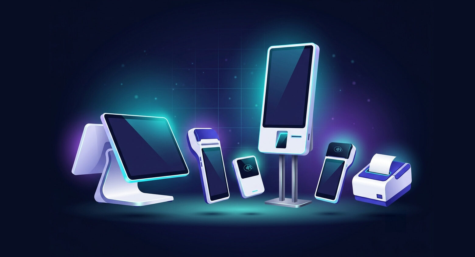 POS hardware lineup including a countertop all-in-one station, handheld device, self-order kiosk, and card reader