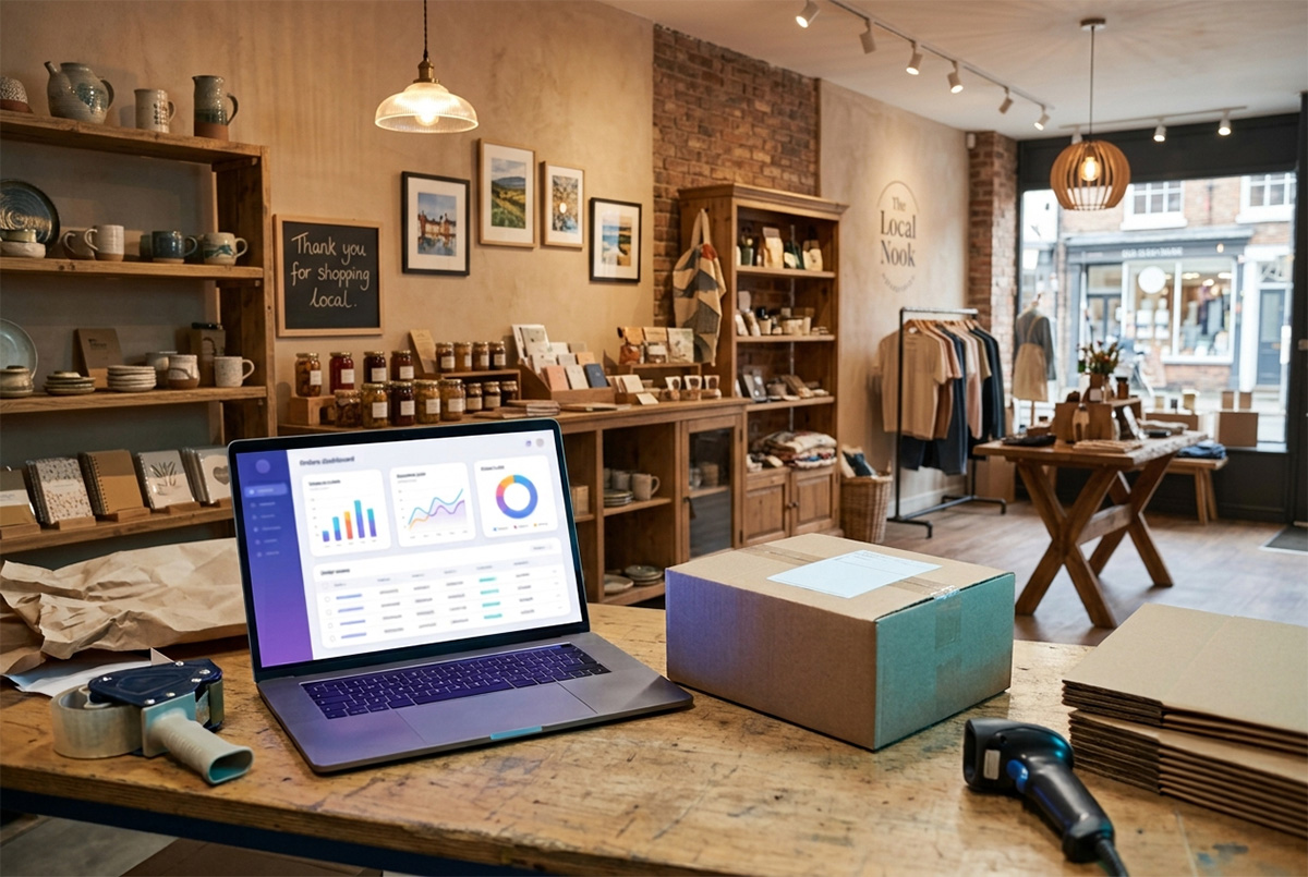 An online-orders or eCommerce dashboard, or a packed order ready to ship; organized and modern