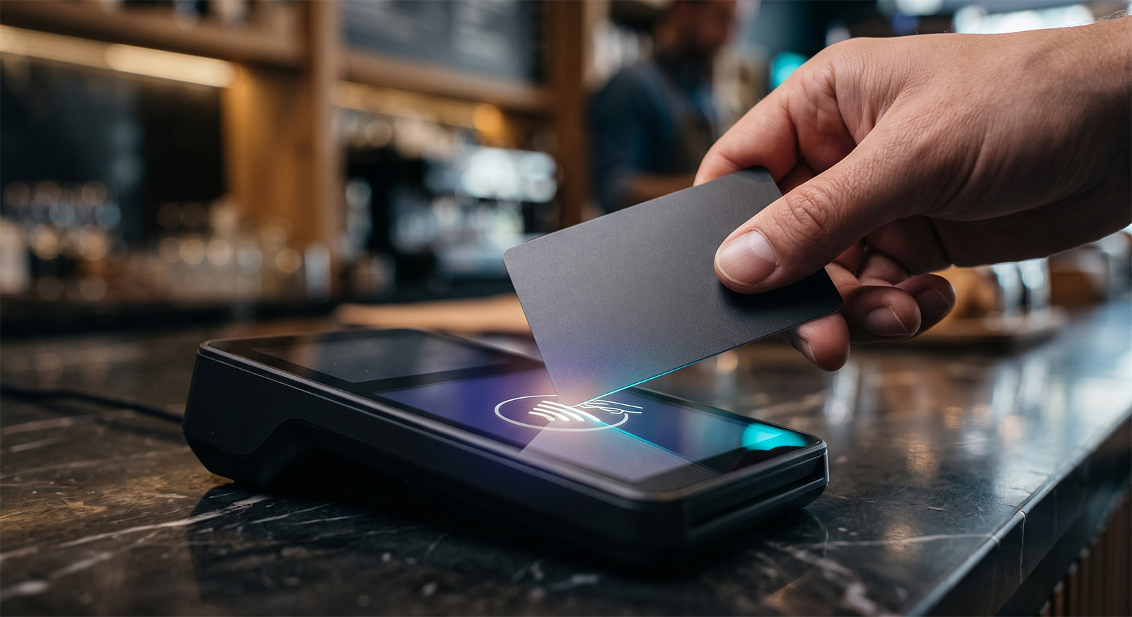 Contactless payment protected end to end — a card tapping a terminal with the transaction secured from capture through to settlement
