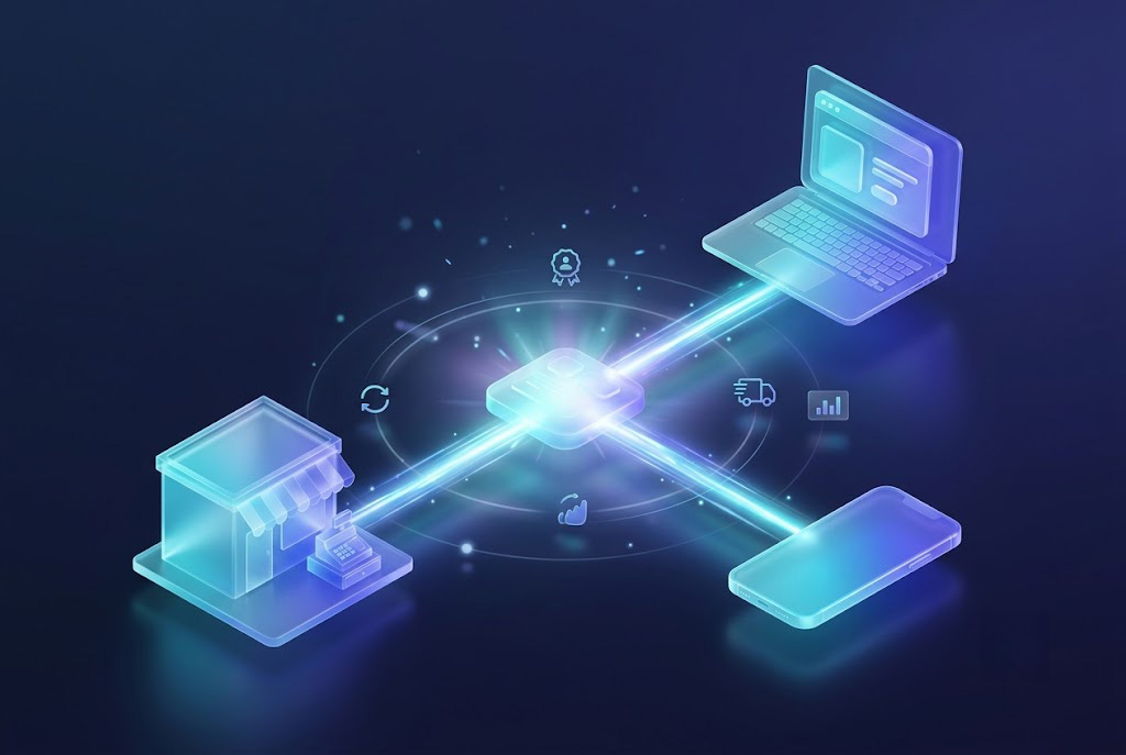 A visual of in-store, online, and mobile converging, or an owner reviewing a unified dashboard