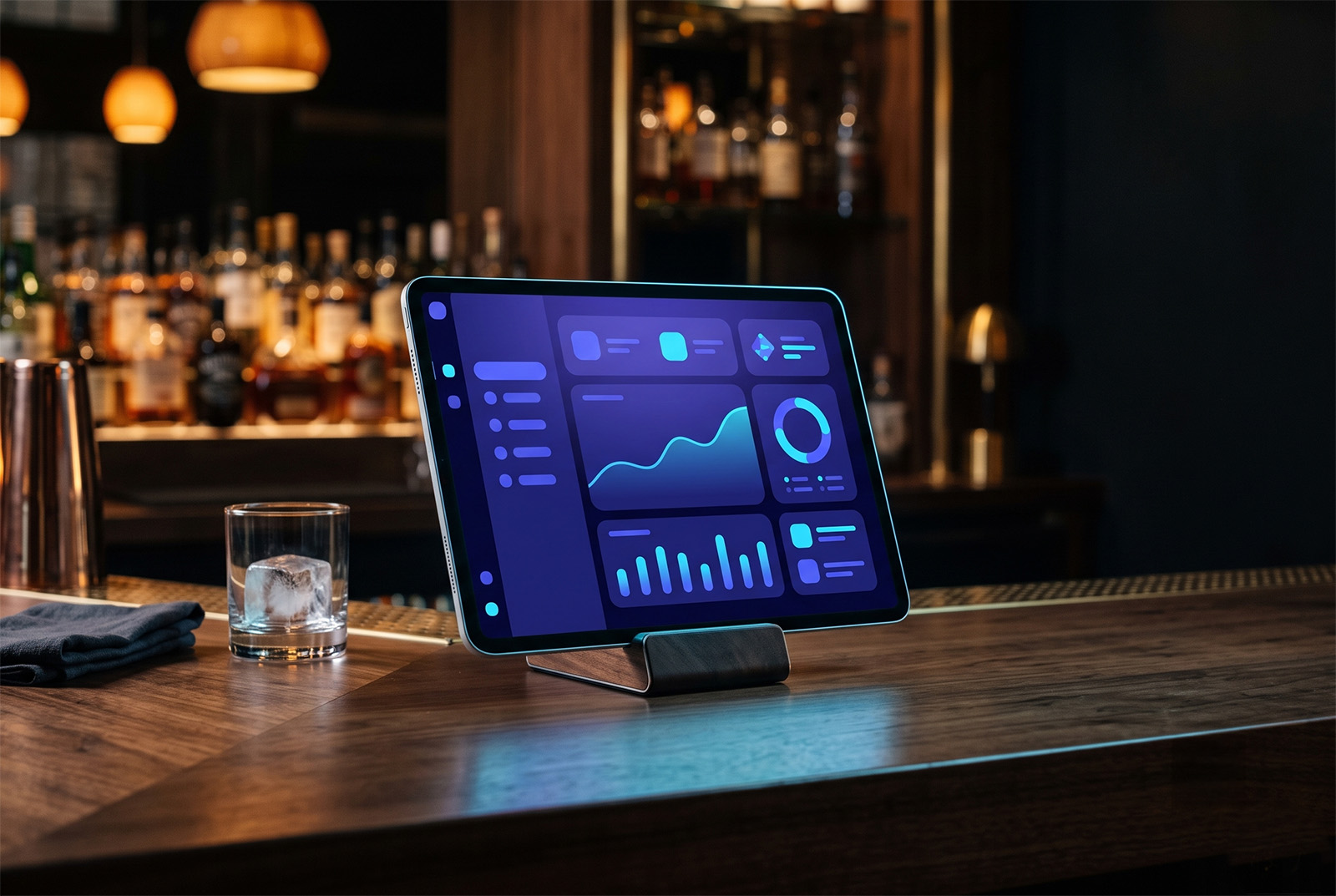 Tablet displaying a bar sales reporting dashboard on a bar top